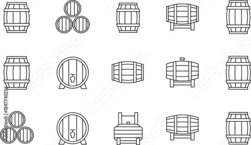 Barrel icons, brewing symbols, distillery graphics, storage containers, blue outline, vector set, fermentation, alcohol production, rustic, editable, clean design