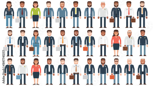 Diverse group of cartoon people with different hairstyles, clothing, and accessories, standing in rows, isolated on