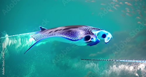 Majestic Glowing Manta Ray Gliding Through Clear Blue Underwater Environment with Particles. Deep Underwater Life Concept.