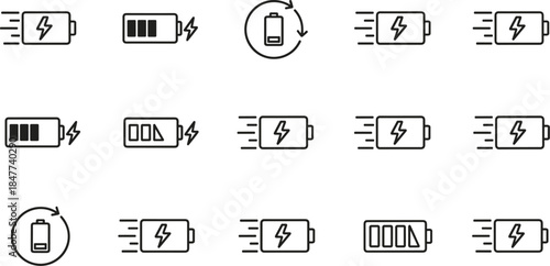 Battery icon set, charging symbols, energy levels, power indicators, battery status, electricity concept, UI design, tech interface, vector illustration, digital energy, battery charge