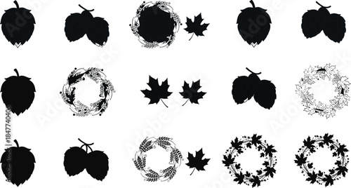 Botanical vector illustration, hop cone design, wheat wreath graphic, maple leaf icon, seasonal nature elements, black blue foliage, decorative clipart