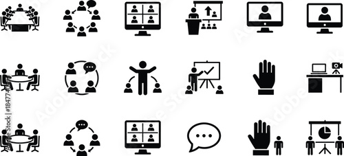 Communication, collaboration, teamwork, video conferencing, online meeting, presentation, education, training, remote work, virtual classroom, speaker, audience, discussion