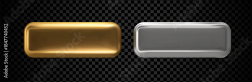 3D Metal Button from Gold and Chrome Vector Elements. Modern Glass Tag Design with Chrome Plate and Glossy Gradient Effect. Isolated Silver and Gold Button for Web Banner or CTA Label.