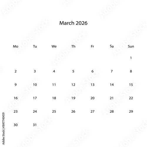 March 2026 calendar vectors illustration icon