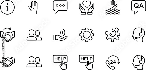 Communication, support, teamwork, help, rescue, customer service, partnership, collaboration, assistance, QA, settings, process, gear, headset, icons, outline, blue, business, organization