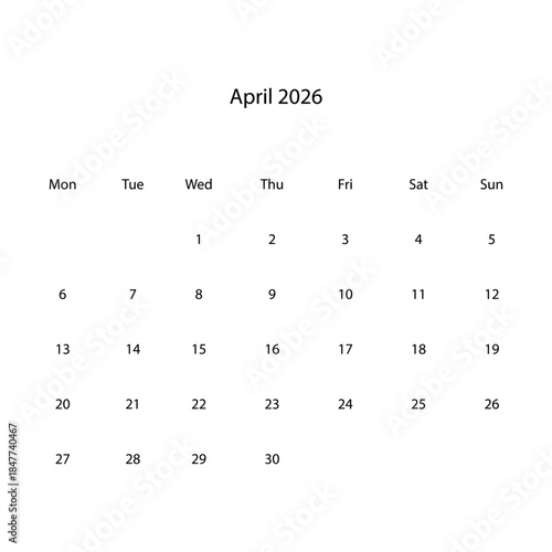 April 2026 calendar vectors illustration icon