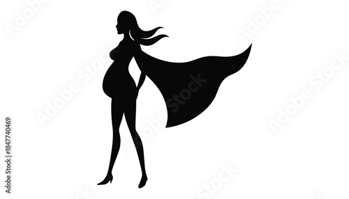 Pregnant woman depicted as a superhero with a flowing cape.
