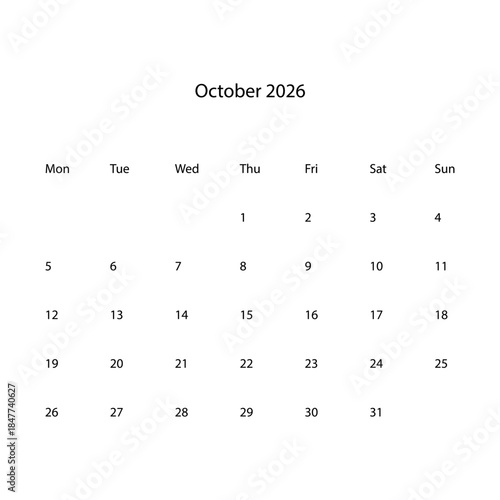 October 2026 calendar vectors icons