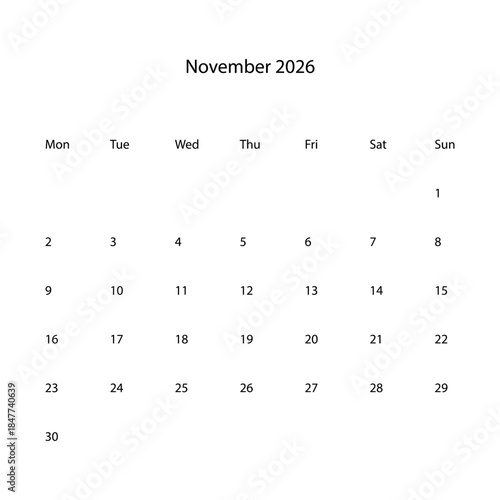 November 2026 calendar vector icon