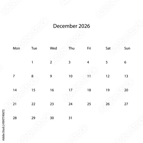December 2026 calendar vectors icons