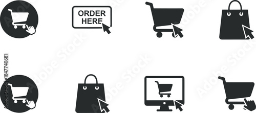 Online shopping icons, e-commerce symbols, digital retail graphics, shopping cart, order button, cursor click, web store, buy now, commerce tools