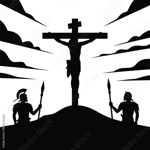 Silhouette of crucifixion scene with roman soldiers and a cloudy sky