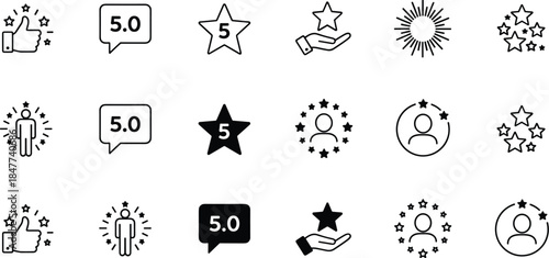 Rating icons, review symbols, feedback graphics, user experience, star score, thumbs up, quality badge, testimonial design, customer satisfaction, UI elements