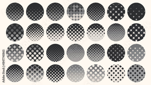 Collection of various black and white circular patterns with different dot densities and arrangements