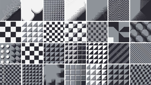 Collection of various black and white geometric patterns and designs on a
