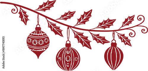 Festive red Christmas vector set with stars, love heart symbols, and ball decorations, no background, clean detailed holiday ornament design.