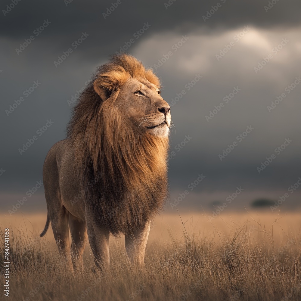 Obraz premium Lion standing in savanna looking into distance under dark sky. Powerful lion representing leadership, strength, and authority in dry grass