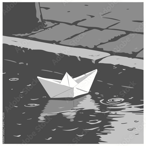 Adobe Illustrator Artwork: A black and white illustration of a single paper boat floating in a puddle of water in the rain