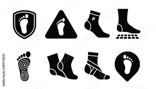 Collection of foot and sock related icons on a white background.