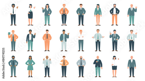 Diverse group of people in business attire standing in various poses, including men and women with different expressions and gestures, isolated on