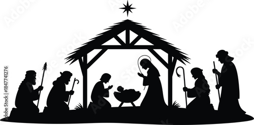 Christmas Nativity scene black silhouette, holy family, baby Jesus, Mary, Joseph, and wise men in barn stable under star vector graphic
