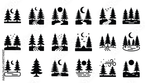 A collection of stylized pine tree forest landscape icons.