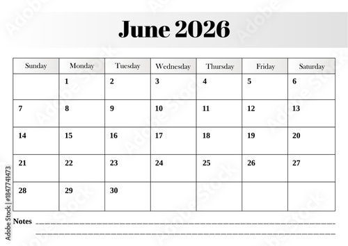 June 2026 monthly calendar featuring a modern vector design with a clear grid layout