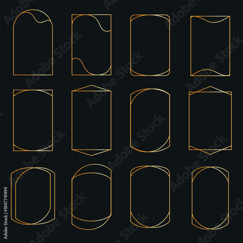 Golden thin Line frames set. Gold vector borders Luxury minimalist collection. Geometric banners decorative linear rectangles.