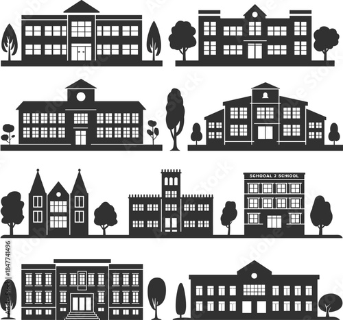 Collection of School and University Building Silhouettes with Trees, Educational Institutions Vector Graphics for Web Design, Maps, and Architectural Planning