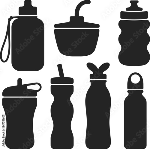 Collection of Seven Different Reusable Water Bottles, Shaker, and Tumblers Silhouette Icon Set for Hydration, Sport, Fitness, and Travel Essentials