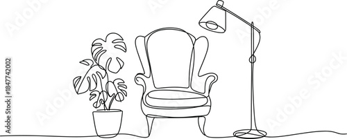 Continuous One-Line Drawing of Living Room Furniture, Wingback Armchair, Floor Lamp, and Monstera Plant for Minimalist Home Decor Vector