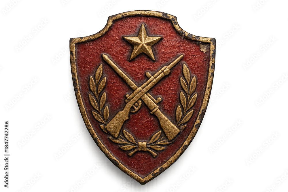 Obraz premium Red military shield on transparent background, with rifles and star.