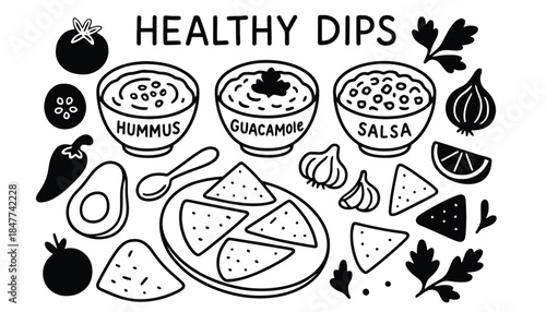 Healthy dips like hummus, guacamole, and salsa are presented with chips.