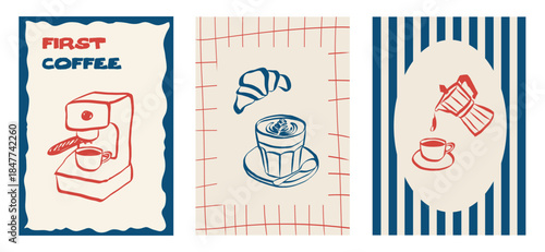 Whimsical cafe doodles featuring coffee cups and breakfast items. Sketch style icons including latte, espresso and cappuccino. Ideal for menu design, branding or retro posters. Vector illustration