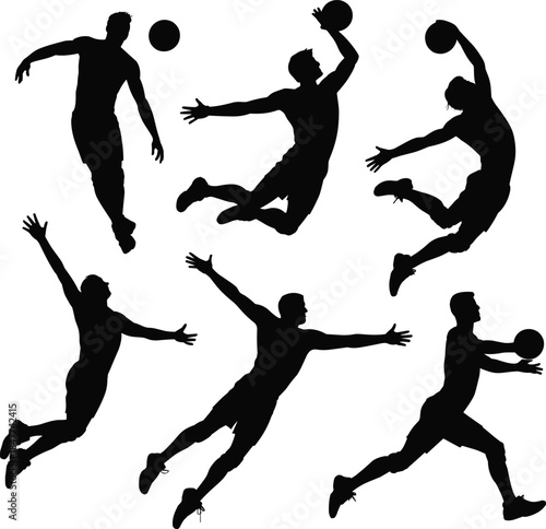 Dynamic Basketball Player Silhouettes Vector Collection, Isolated Set of Athletes Jumping and Shooting Ball, Action Sports Graphic Design Elements, High-Flying Dunking and Layup