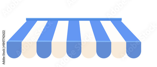 Awning tent canopy striped roof blue and white, sunshade. Cafe, shop or restaurant front view curtain. Rain protection awning for franchise stores