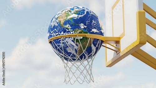 Earth as a basketball in a hoop, symbolizing global sports and competition