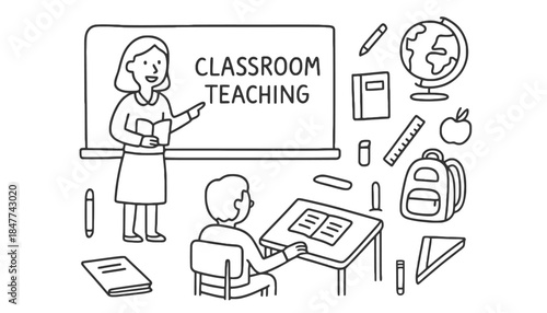 A teacher instructs a student in a classroom setting with educational materials.