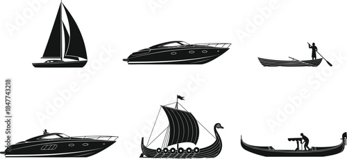 Boat and ship silhouettes set, sailing yacht, motorboat, rowing boat, viking longship, minimalist watercraft icons isolated white background vector illustration