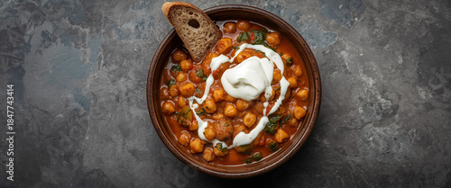Overhead shot of a rustic bowl filled with chickpea and spinach curry in a tomato-based sauce. Fresh yogurt is drizzled on top for contrast. A slice of rustic whole wheat bread dips
