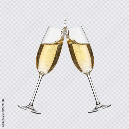 Elegant champagne toast featuring two clinking flutes with sparkling golden bubbles and a splash. Perfect for celebrations and weddings.