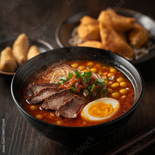 Close up of a steaming bowl of spicy miso noodle soup topped with tender slices of grilled beef, sweet corn, and a soft-boiled egg. A side plate of crispy fried chicken dumplings (gyoza)
