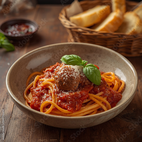 Eye-level shot of a rustic bowl filled with tomato beef meatball spaghetti, sprinkled with parmesan cheese and fresh basil. A basket of toasted garlic bread slices sits in the background.