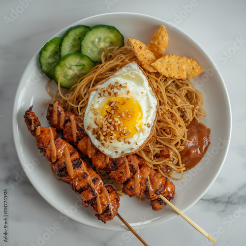 Top-down view of a plate of savory fried noodles garnished with crispy shallots and a sunny-side-up egg. Two skewers of grilled chicken satay with peanut sauce lie next to the noodles.