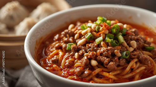 Close-up of a bowl of spicy dry chili oil noodles topped with minced beef, crushed peanuts, and fresh scallions. A side of steamed dim sum dumplings in a bamboo steamer is visible in