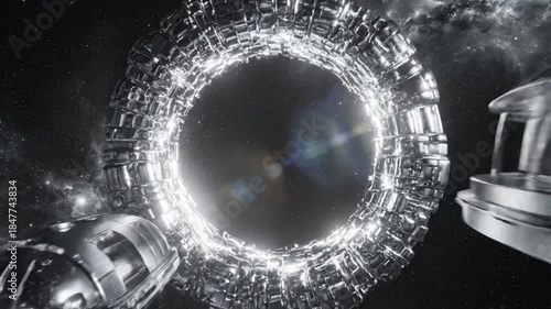 Abstract Sci-Fi Portal Gateway with Metallic Structures and Lens Flares.