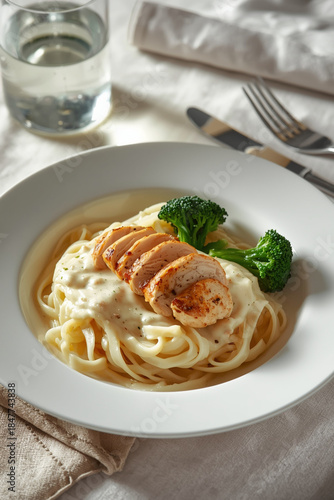 Elegant presentation of creamy fettuccine alfredo pasta topped with sliced grilled chicken breast and steamed broccoli florets. A glass of sparkling water and a linen napkin are on