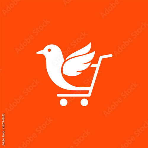 Flying bird inside shopping cart icon on orange background, minimalist flat vector illustration