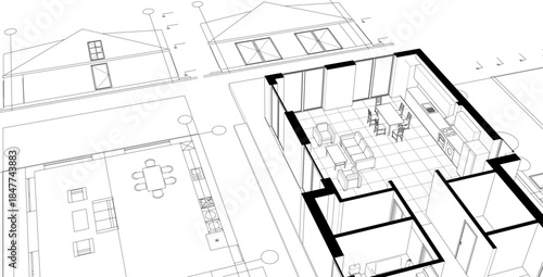 modern house plan sketch 3d illustration