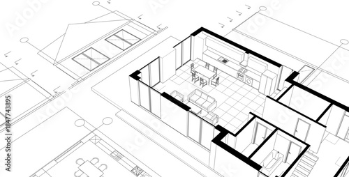 modern house plan sketch 3d illustration